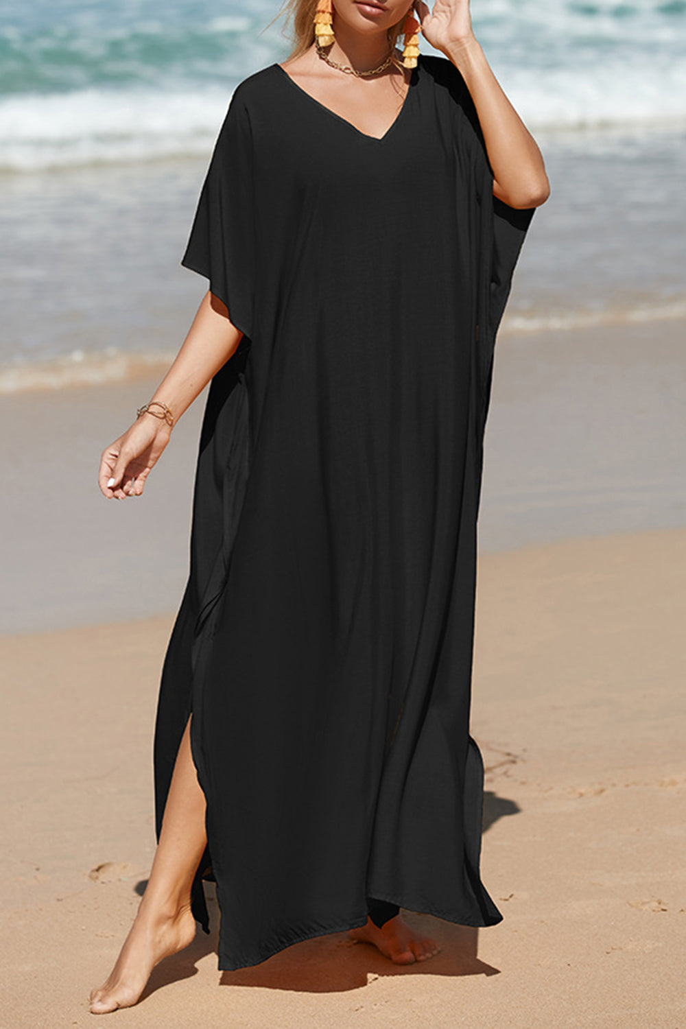 Slit V-Neck Half Sleeve Cover-Up