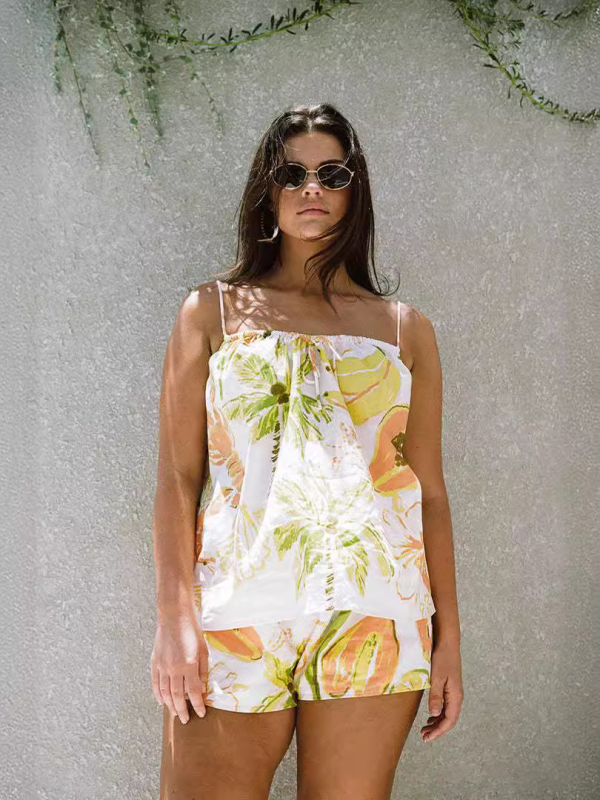 Women's Plant Element Print Beach Vacation Suspender Top Shorts Two-piece Set