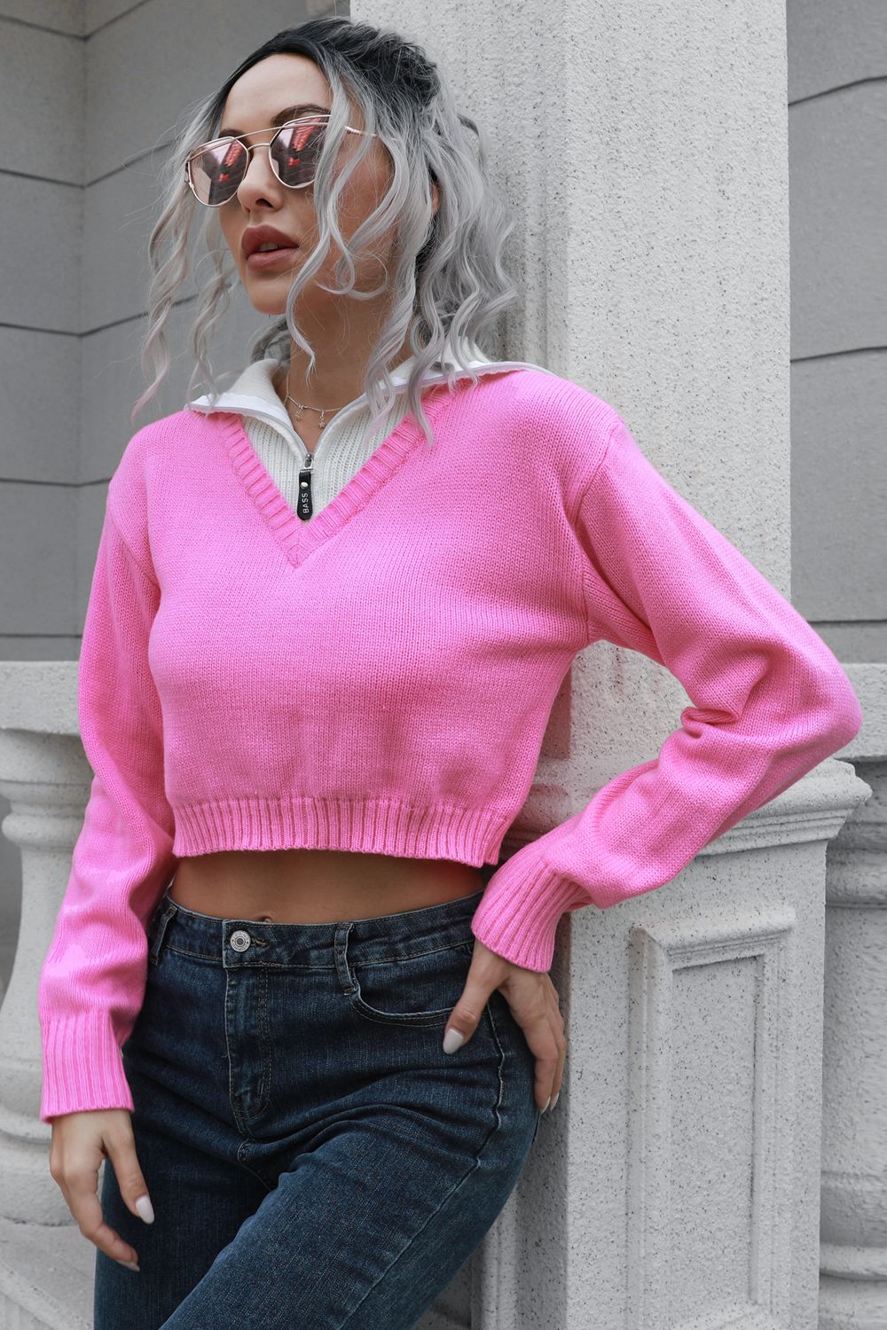 Contrast Collared Cropped Sweater