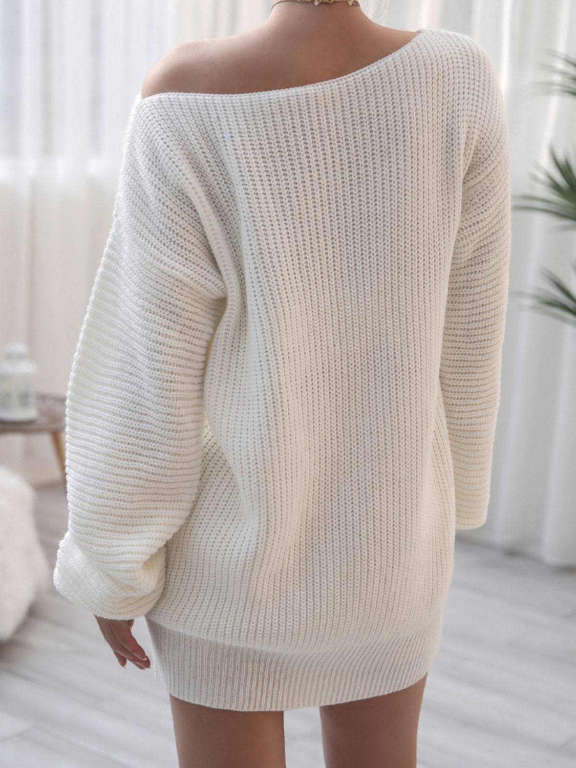 Rib-Knit Balloon Sleeve Boat Neck Sweater Dress