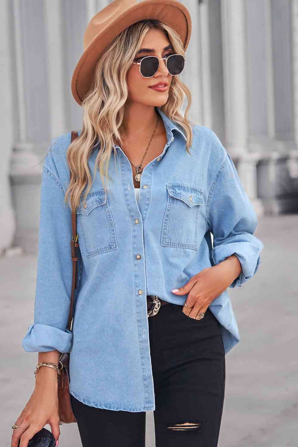 Collared Neck Dropped Shoulder Denim Top