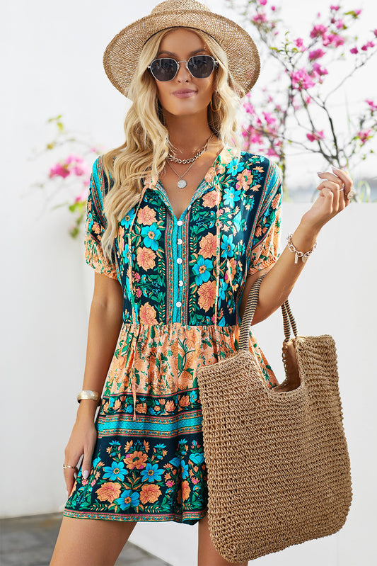 Floral Multicolored Tie-Neck Romper