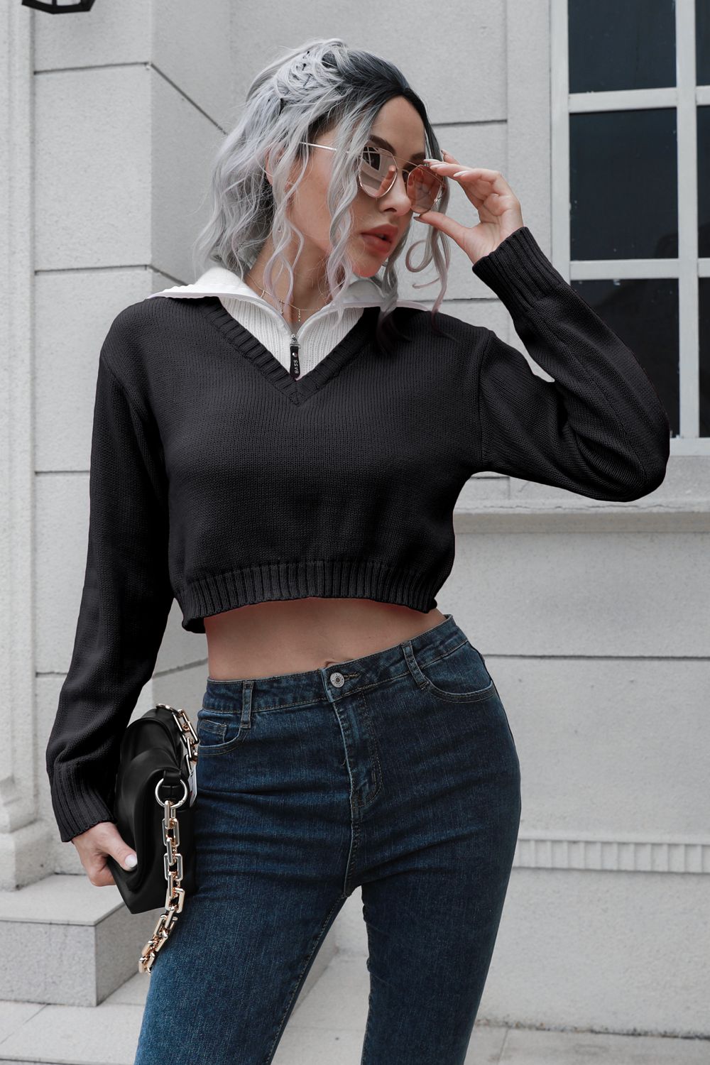 Contrast Collared Cropped Sweater