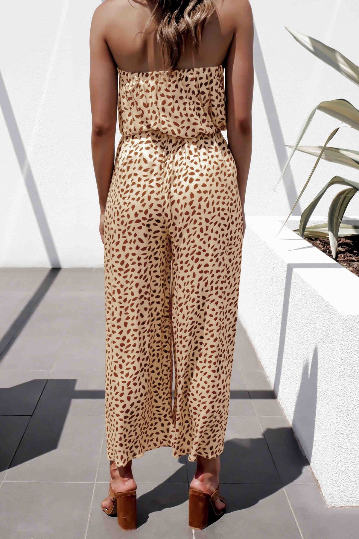 Printed Strapless Tie Waist Wide Leg Jumpsuit