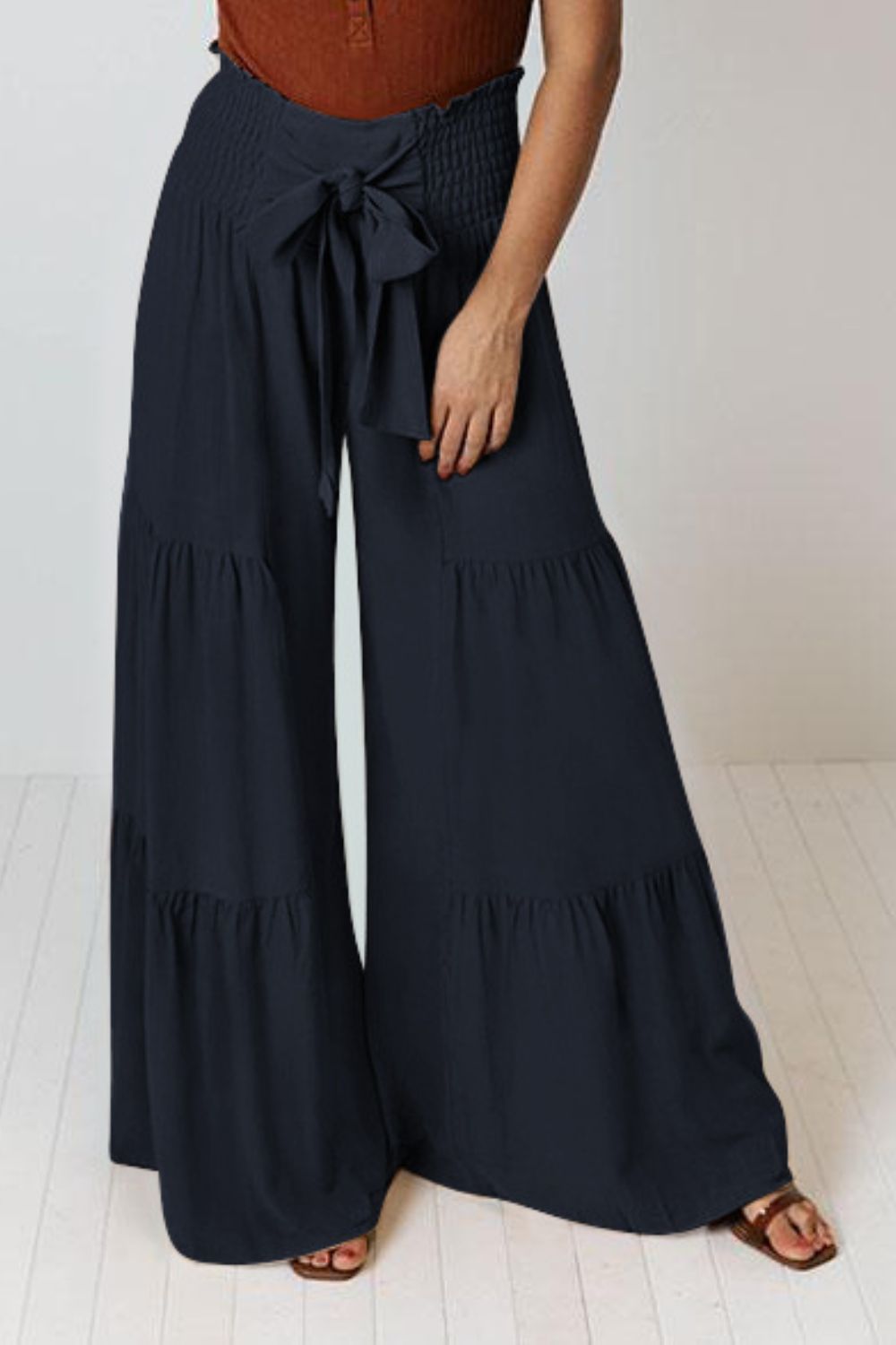 Tie Front Smocked Tiered Culottes