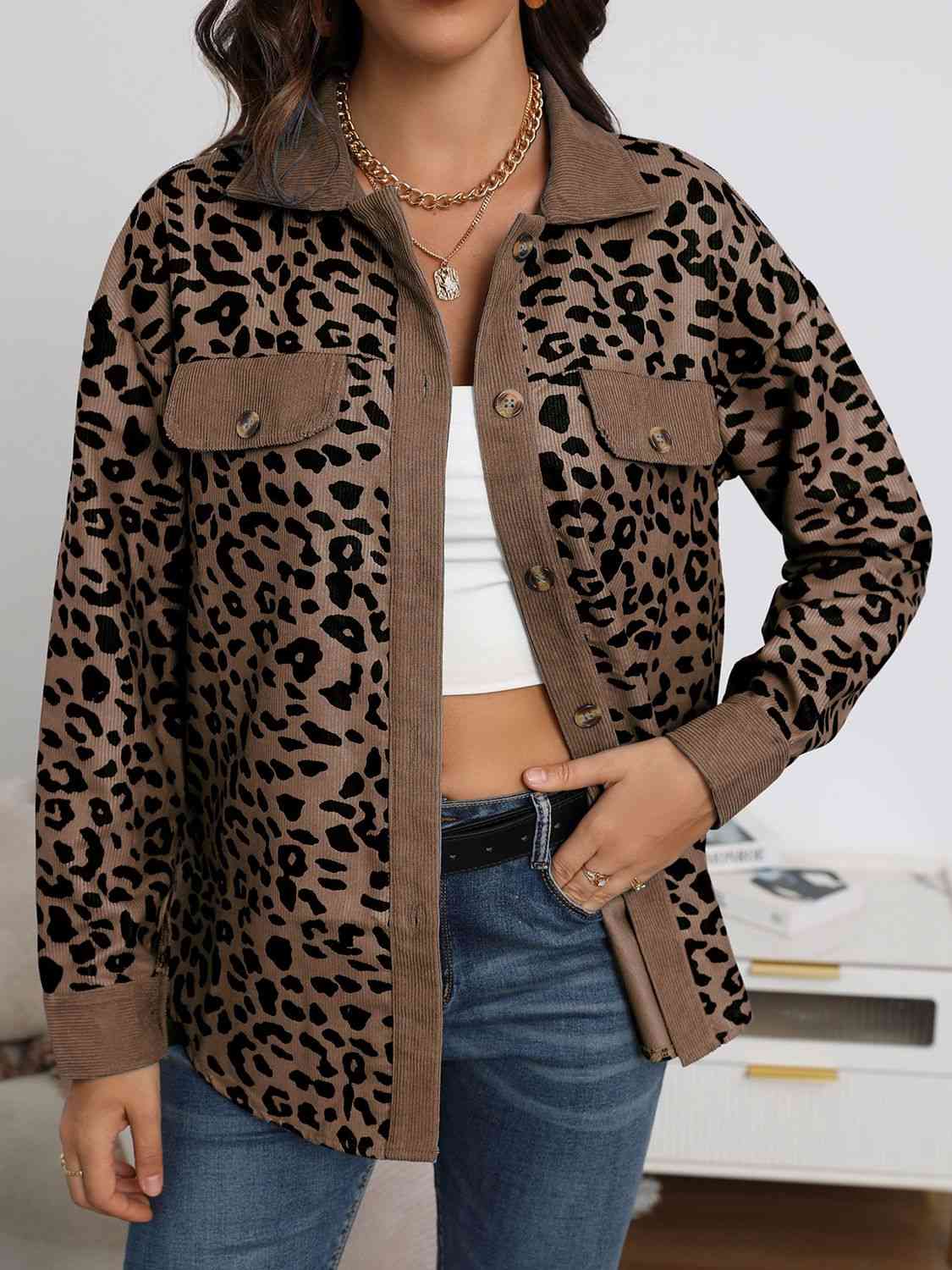 Full Size Leopard Buttoned Jacket