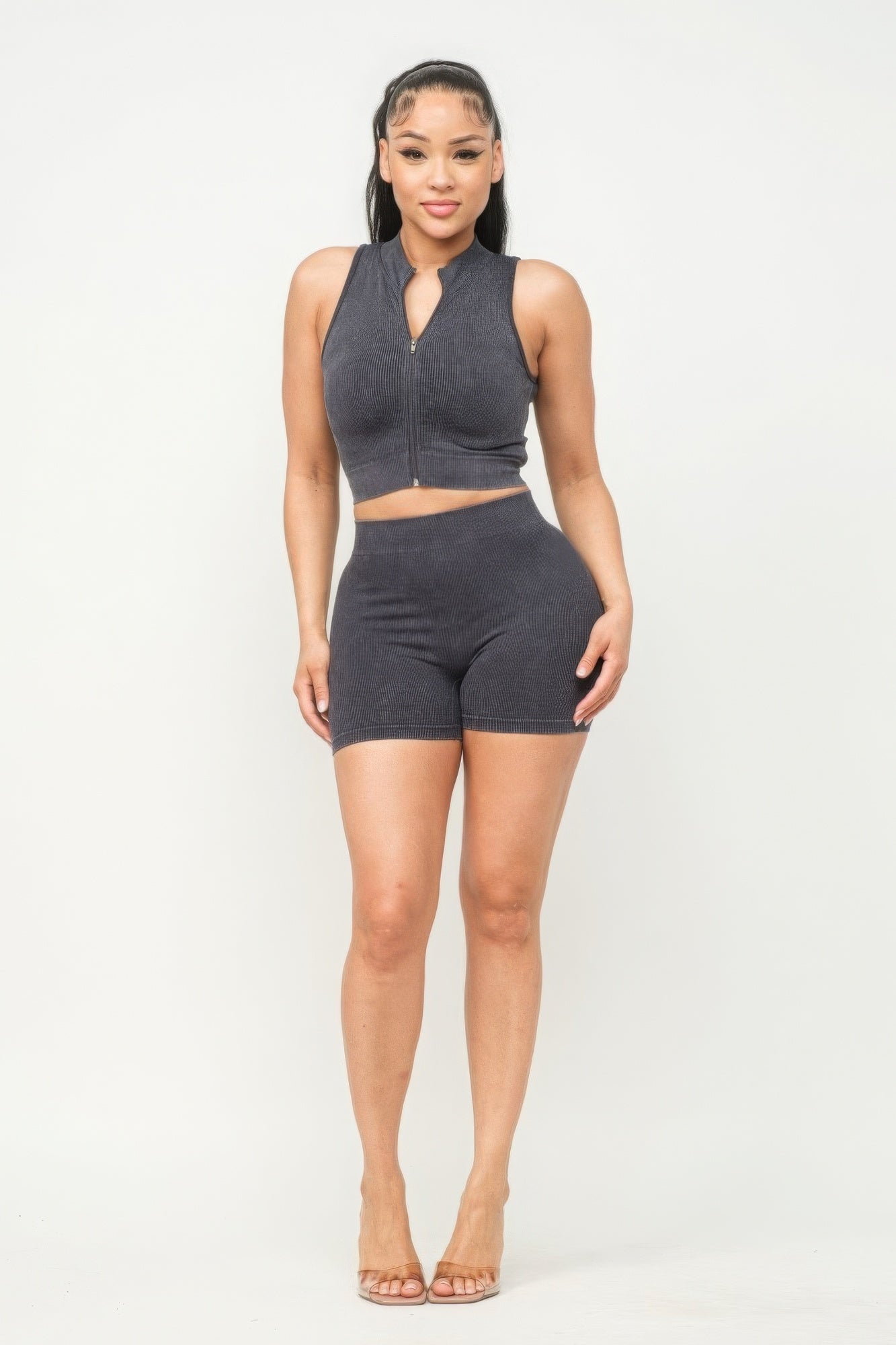 Washed Seamless Zipper Top And Shorts Set