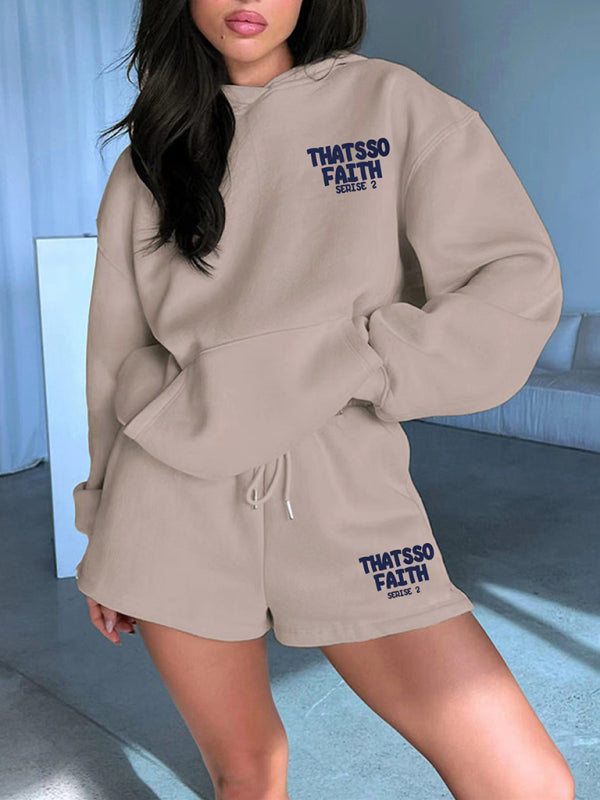 Women's new fashion loose solid color letter print sweatshirt shorts set