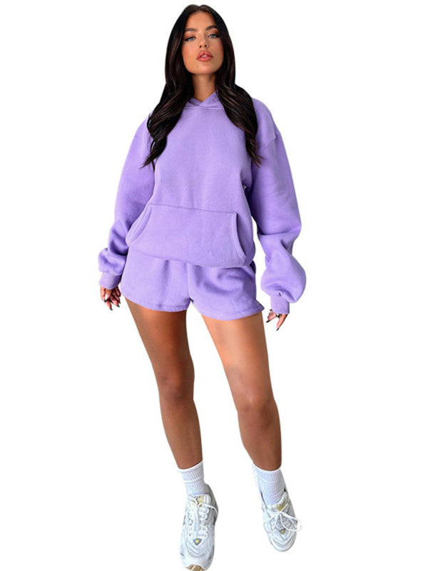 Women's new fashion loose solid color sweatshirt shorts set