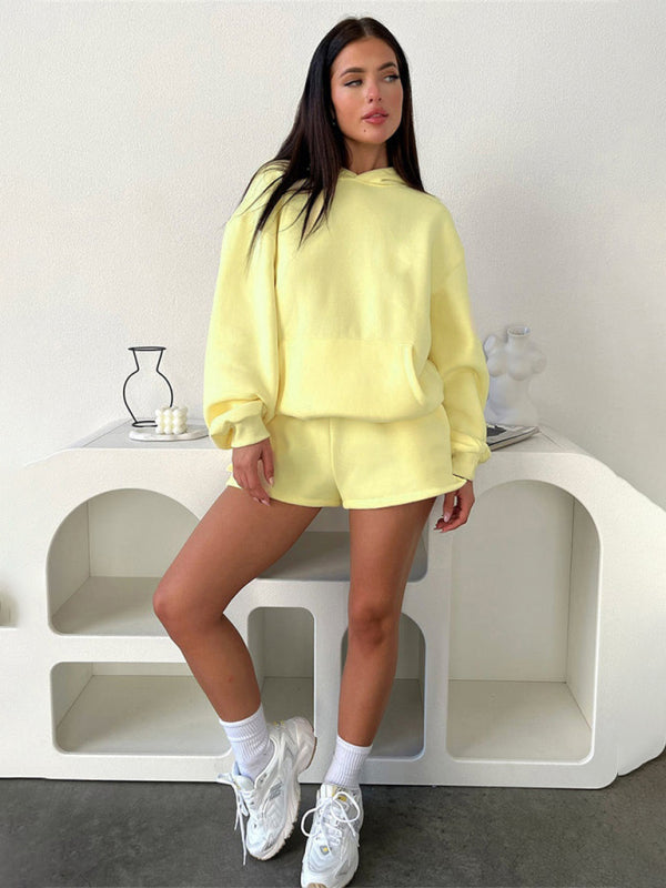 Women's new fashion loose solid color sweatshirt shorts set